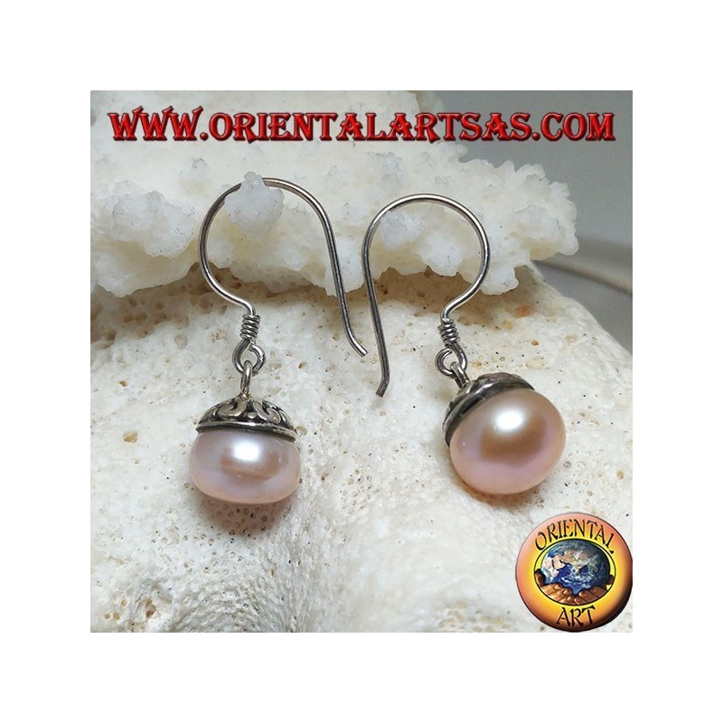 Silver earrings with pink freshwater pearl and ethnic decoration