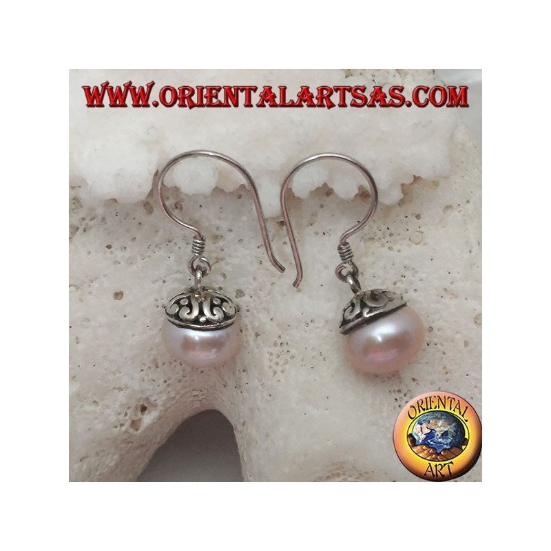Boucles d'oreilles en argent avec perle d'eau douce rose et décoration ethnique