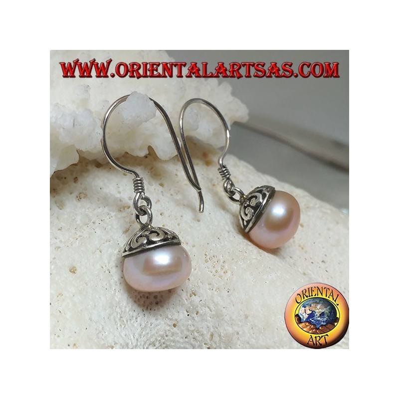 Boucles d'oreilles en argent avec perle d'eau douce rose et décoration ethnique
