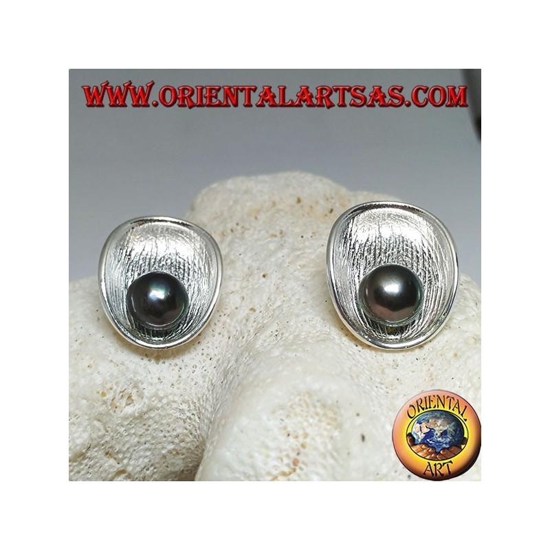 Silver lobe earrings with satin mother shell inside and gray freshwater pearl