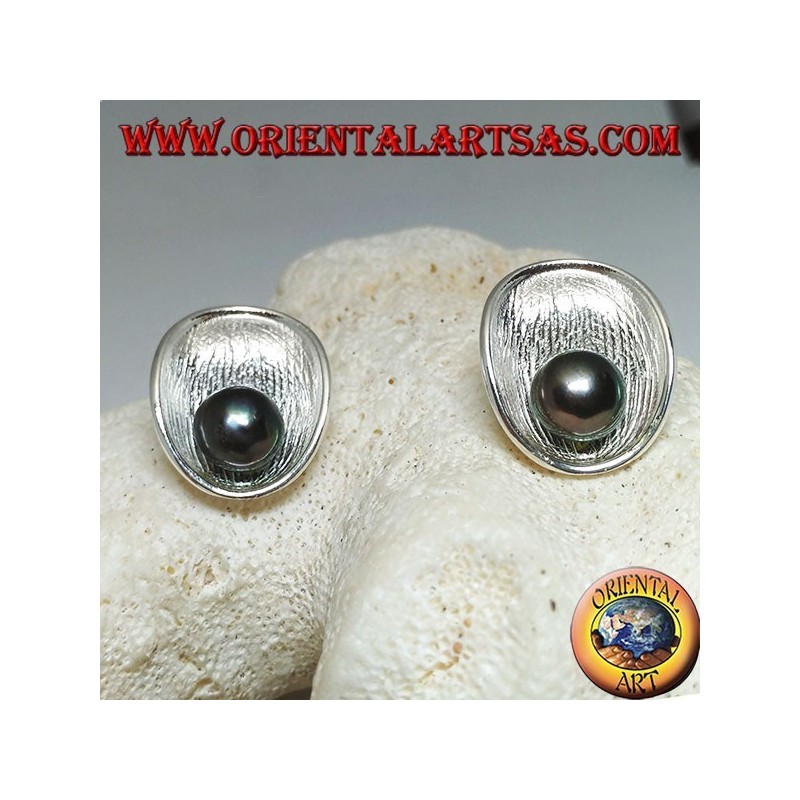 Silver lobe earrings with satin mother shell inside and gray freshwater pearl