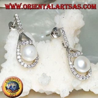 Silver drop earrings with white freshwater pearl surrounded by cubic zirconia
