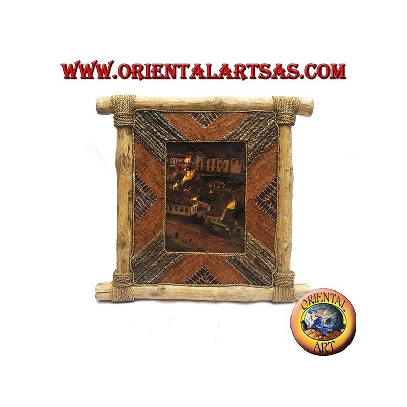 Cadre photo vertical en bois de café et décorations en écorce et éléments naturels 35 x 33 cm