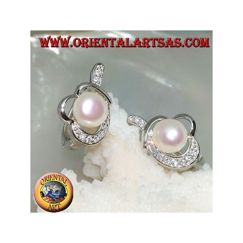 Silver lever-lock earrings with pearl wrapped in a thread knotted with cubic zirconia