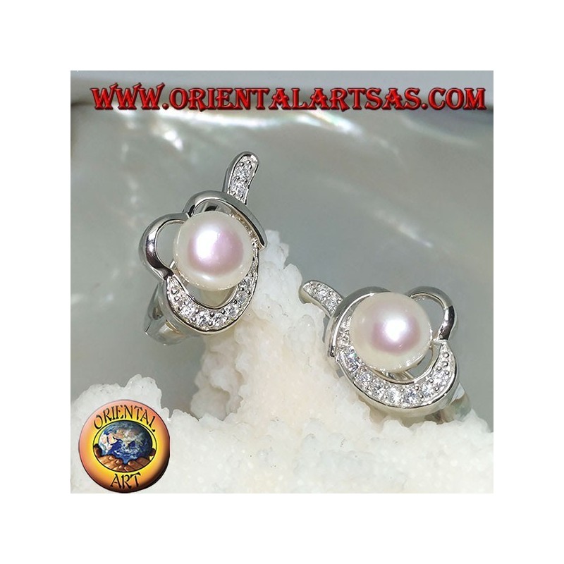 Boucles d'oreilles à fermoir à levier en argent avec perle enveloppée dans un fil noué avec de la zircone cubique