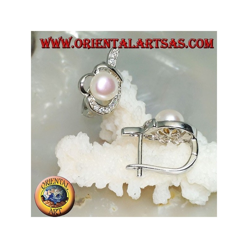 Boucles d'oreilles à fermoir à levier en argent avec perle enveloppée dans un fil noué avec de la zircone cubique