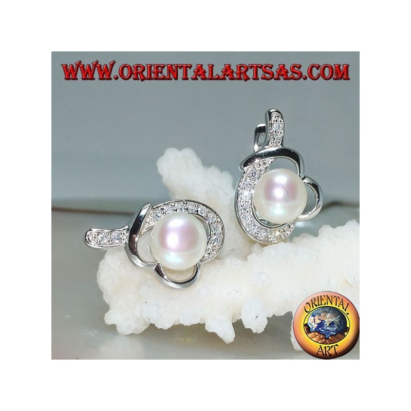 Silver lever-lock earrings with pearl wrapped in a thread knotted with cubic zirconia