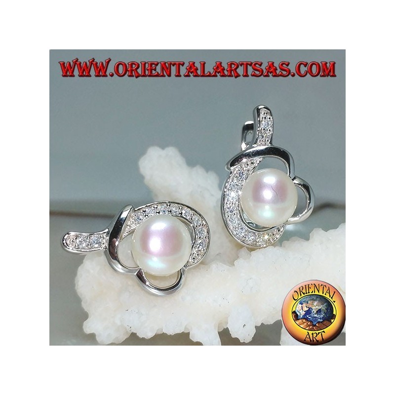 Silberne Ohrringe mit Hebelverschluss mit Perle in einem mit Zirkonia geknoteten Faden