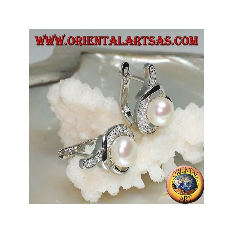 Silberne Ohrringe mit Hebelverschluss mit Perle in einem mit Zirkonia geknoteten Faden