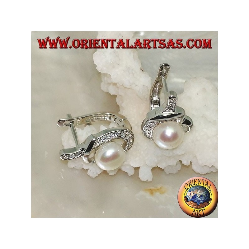 Silberne Ohrringe mit Hebelverschluss mit Perle in einem mit Zirkonia geknoteten Faden