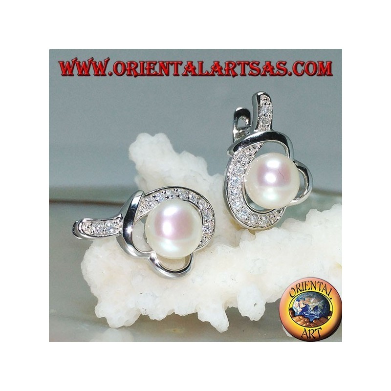 Silberne Ohrringe mit Hebelverschluss mit Perle in einem mit Zirkonia geknoteten Faden