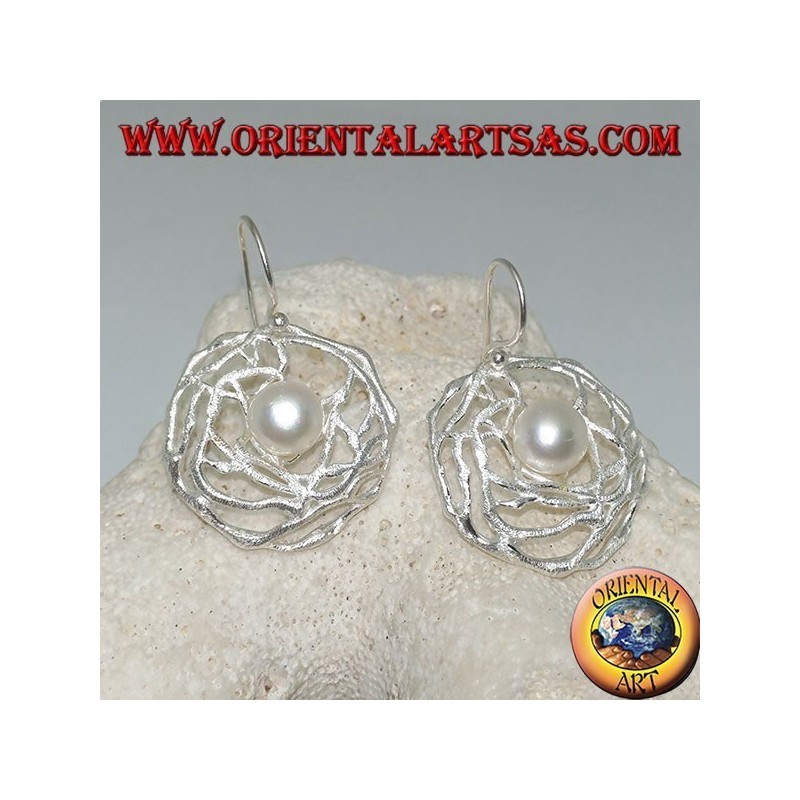 Dangling silver earrings with white freshwater pearl in a round satin weave of threads
