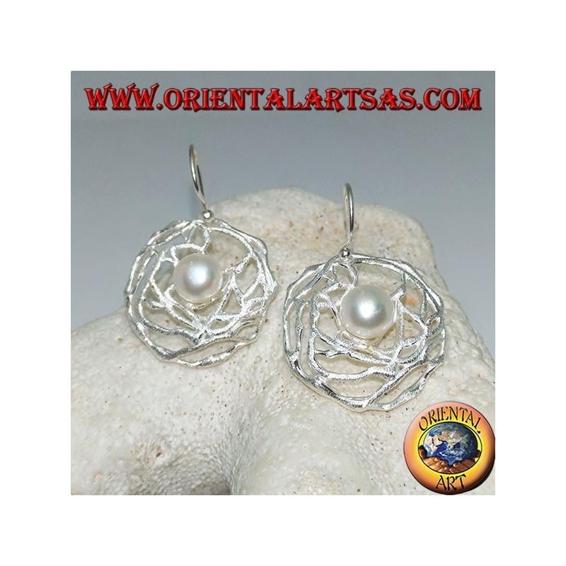 Dangling silver earrings with white freshwater pearl in a round satin weave of threads