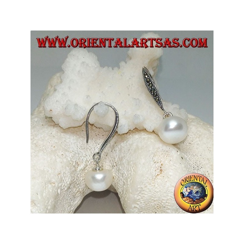 Silver earrings with white freshwater pearl and marcasite hook