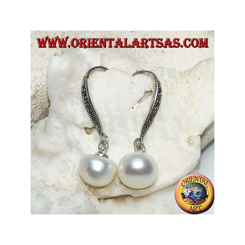 Silver earrings with white freshwater pearl and marcasite hook