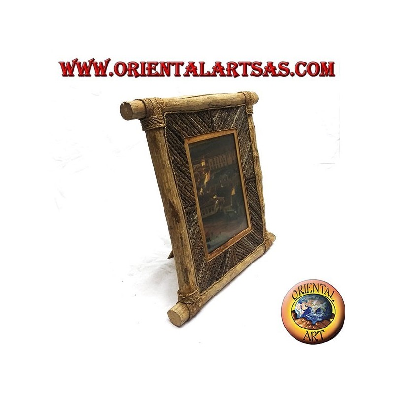 Vertical photo frame in coffee wood and decorations in 35 x 33 cm bark sticks