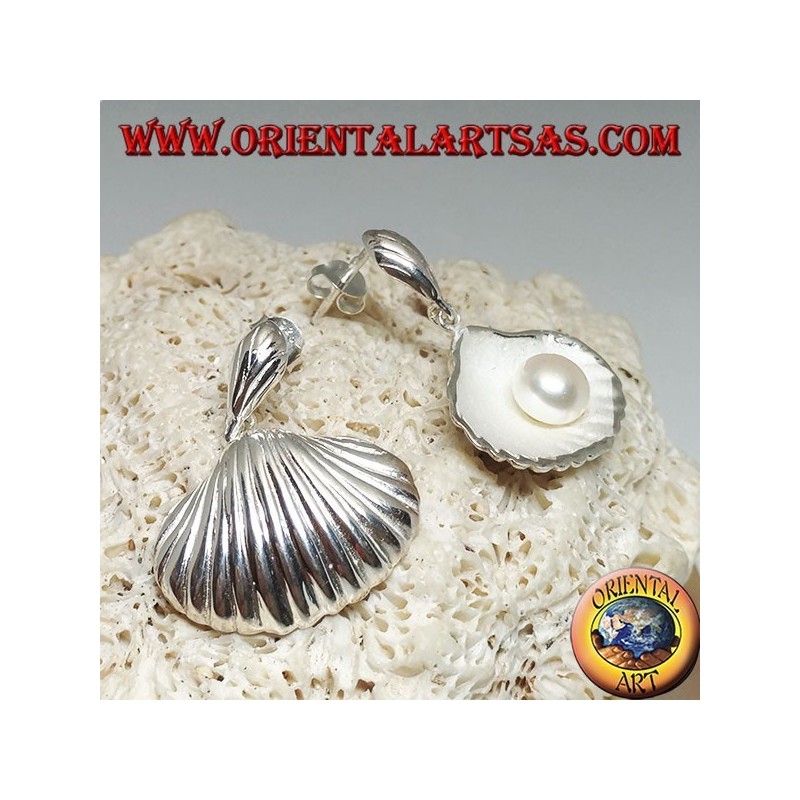 Boucles d'oreilles en argent avec coquille de mère en satin à l'intérieur et perle d'eau douce