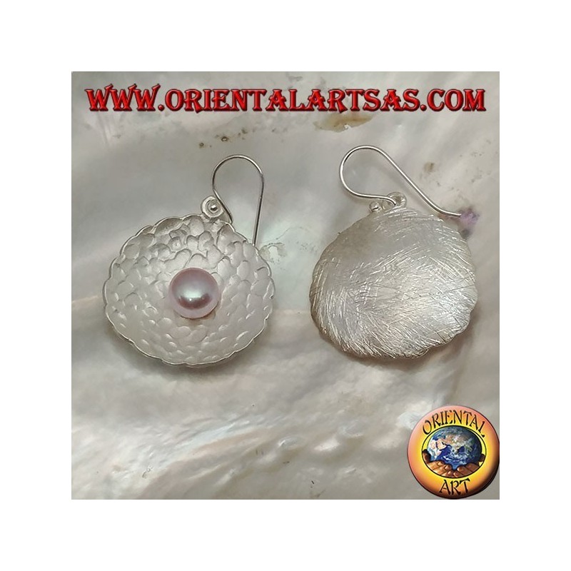 Silver earrings with pink freshwater pearl in the round satin shell inside