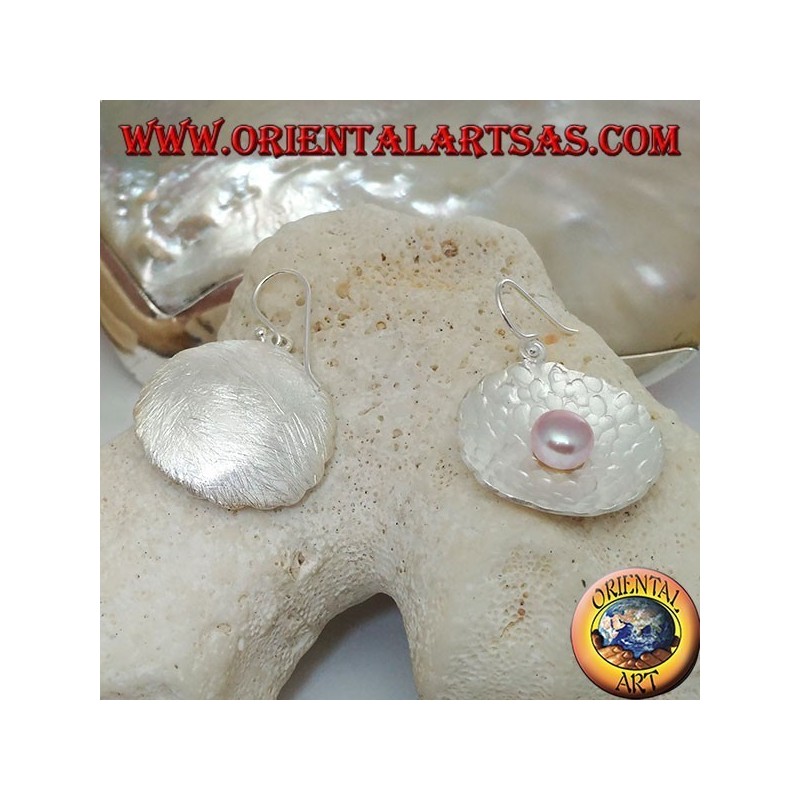Silver earrings with pink freshwater pearl in the round satin shell inside
