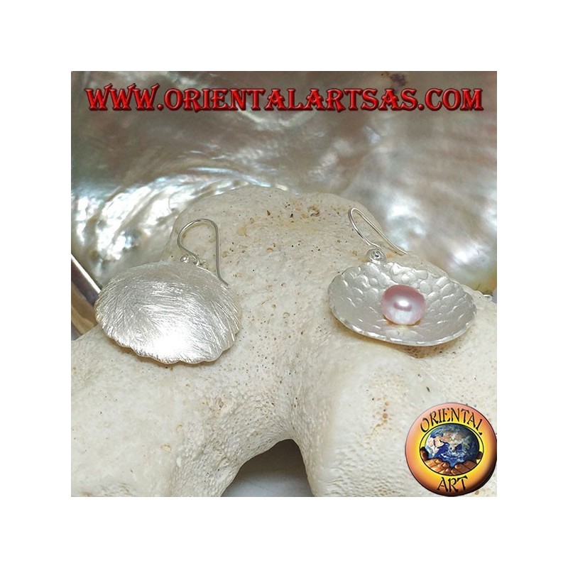 Silver earrings with pink freshwater pearl in the round satin shell inside