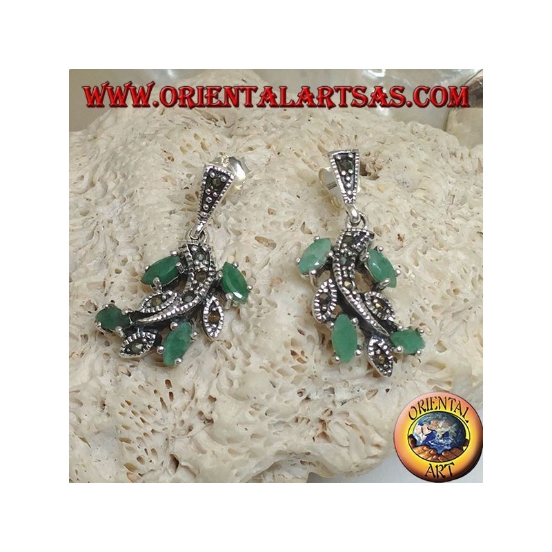 Boucles d'oreilles en argent avec branches cloutées de marcassite et ensemble d'émeraudes de navette naturelles