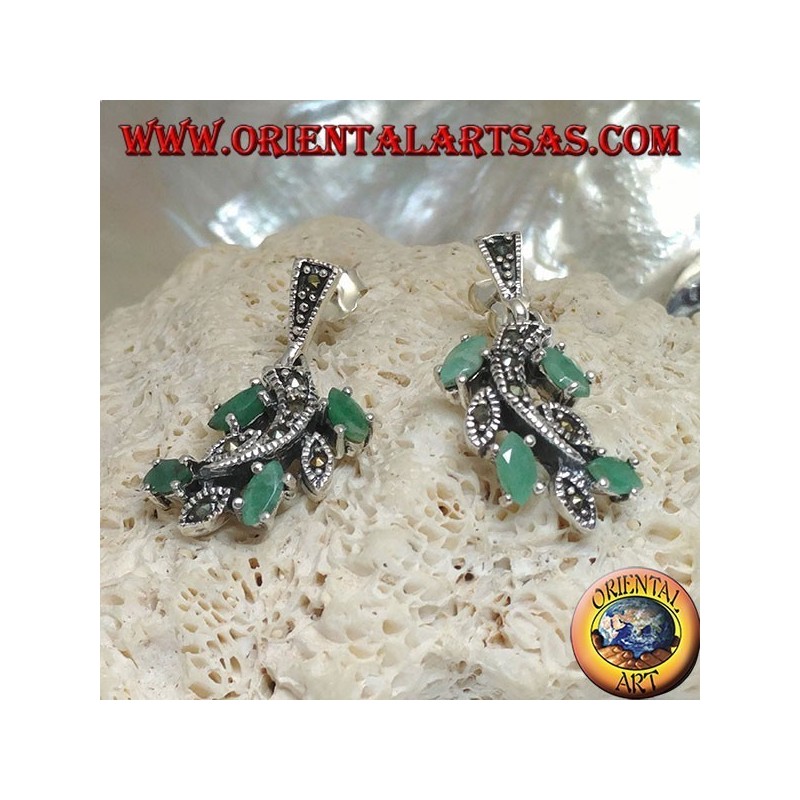 Boucles d'oreilles en argent avec branches cloutées de marcassite et ensemble d'émeraudes de navette naturelles