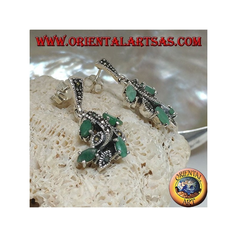 Boucles d'oreilles en argent avec branches cloutées de marcassite et ensemble d'émeraudes de navette naturelles