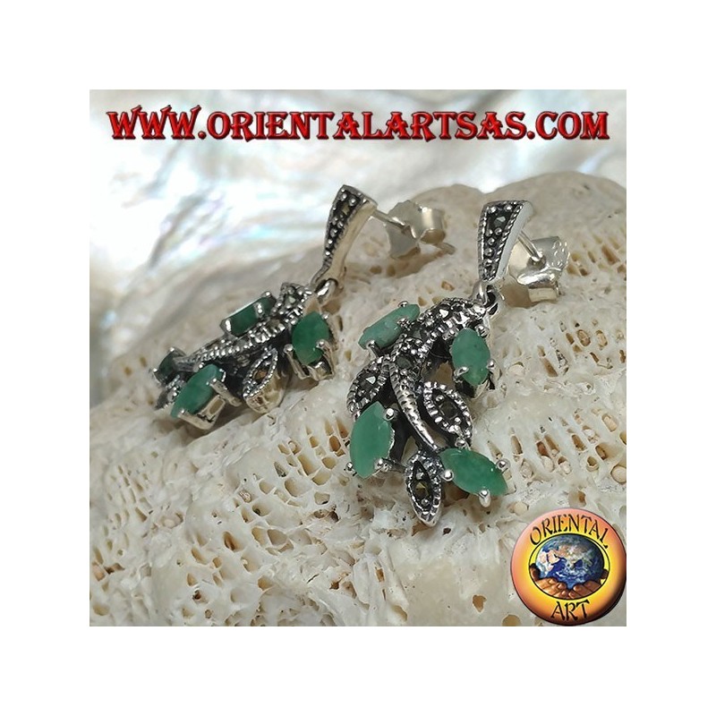 Branch silver earrings with marcasite studded leaves and with natural shuttle emeralds set