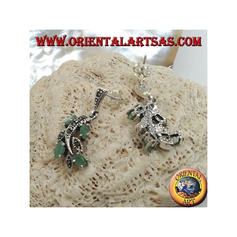 Boucles d'oreilles en argent avec branches cloutées de marcassite et ensemble d'émeraudes de navette naturelles