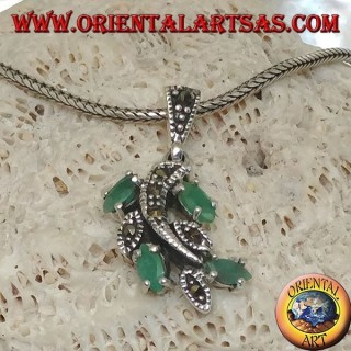 Branch silver pendant with marcasite studded leaves and natural shuttle emeralds set