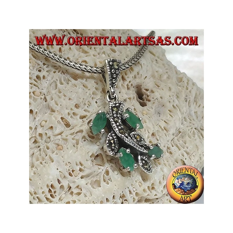 Branch silver pendant with marcasite studded leaves and natural shuttle emeralds set