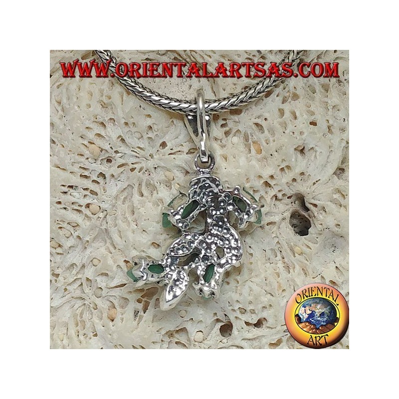 Branch silver pendant with marcasite studded leaves and natural shuttle emeralds set