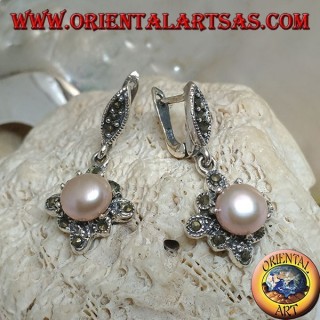 Silver earrings with freshwater pearl set on a square marcassite rhombus