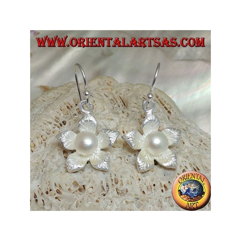 Silver earrings with leaf in the shape of a pendant satin star and white water pearl