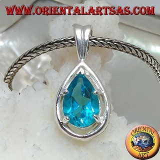 Silver pendant with faceted blue topaz set on a drop-shaped mount