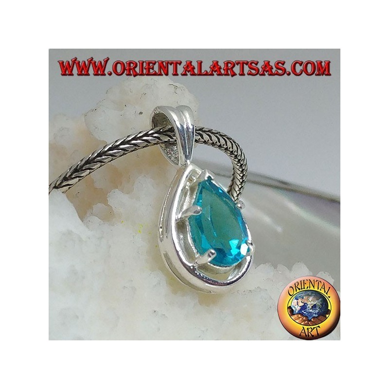 Silver pendant with faceted blue topaz set on a drop-shaped mount