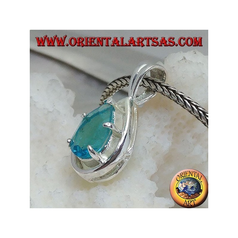 Silver pendant with faceted blue topaz set on a drop-shaped mount