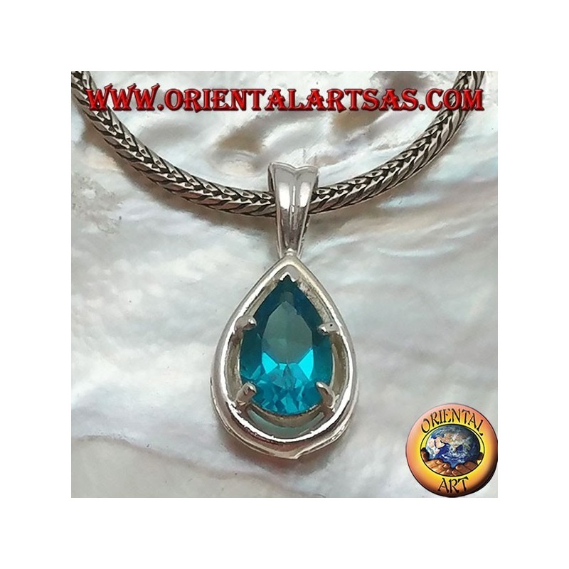 Pendentif en argent avec topaze bleue à facettes sur monture en forme de goutte
