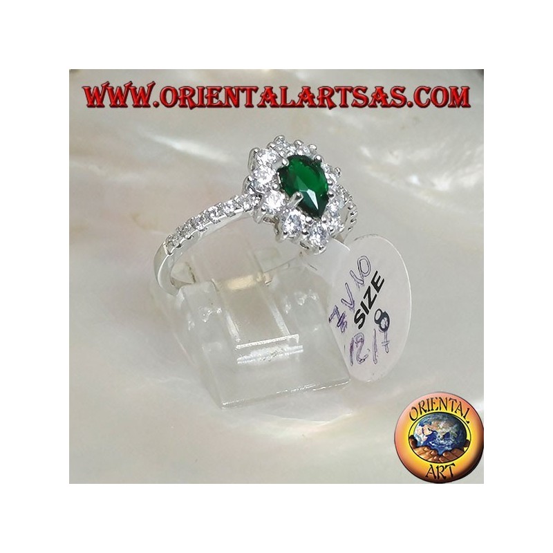 Bague en argent avec goutte d'émeraude synthétique sertie de zircons