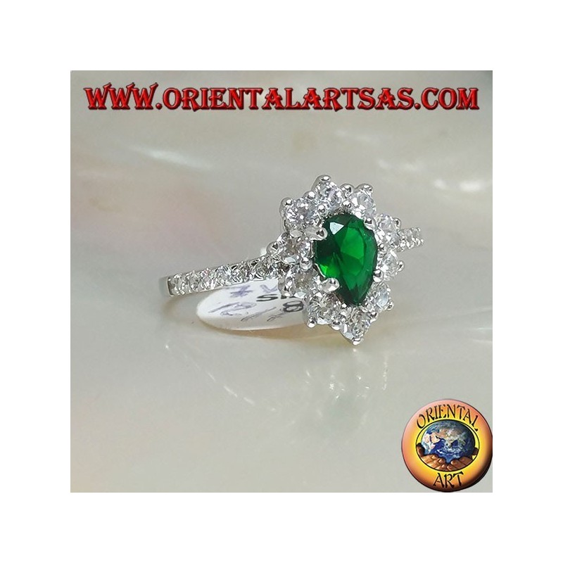 Bague en argent avec goutte d'émeraude synthétique sertie de zircons