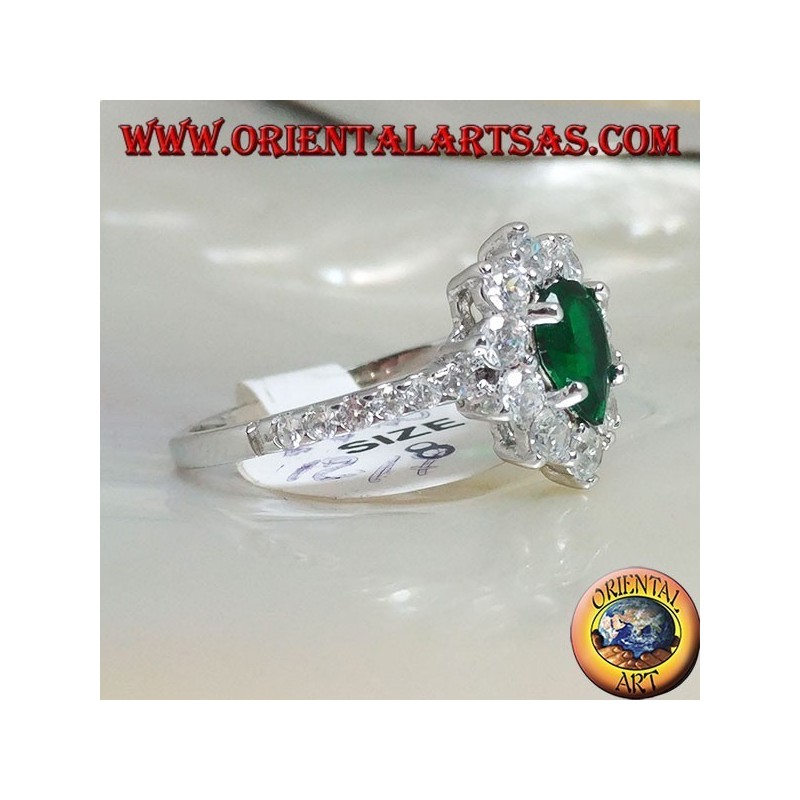 Bague en argent avec goutte d'émeraude synthétique sertie de zircons