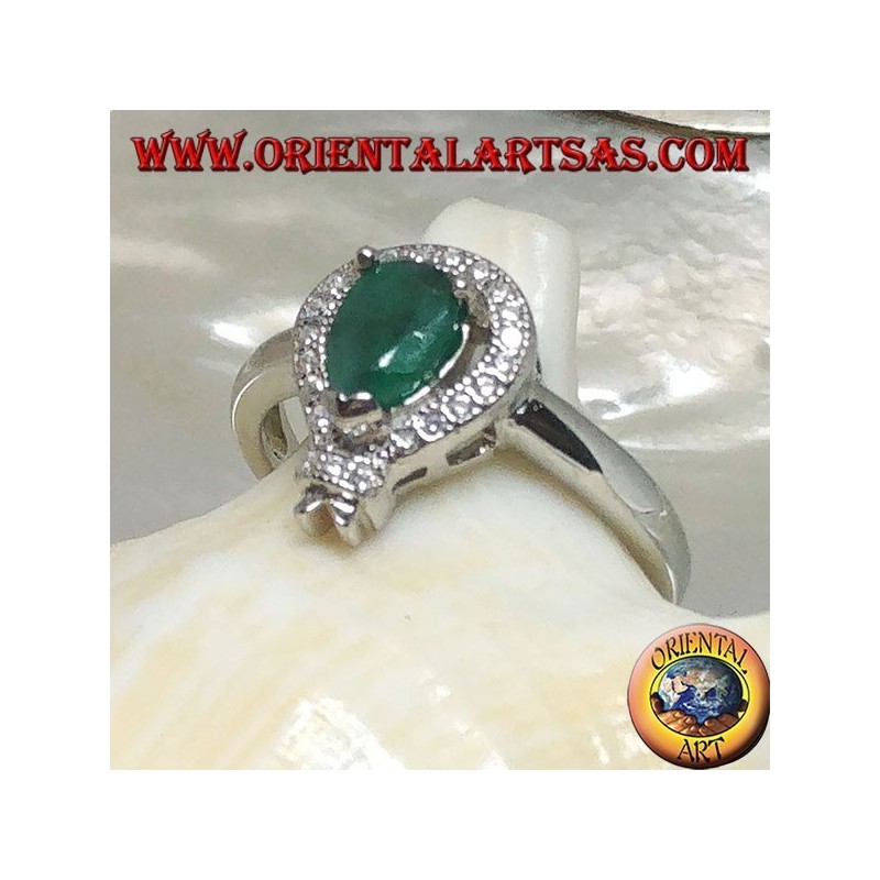 Silver ring with natural drop emerald set surrounded by cubic zirconia and pointed frame