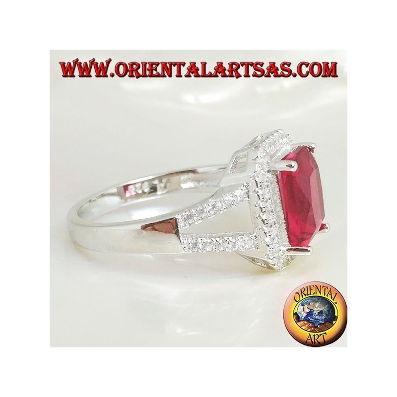 Silver ring with rectangular natural ruby set surrounded by zircons and two lateral lines