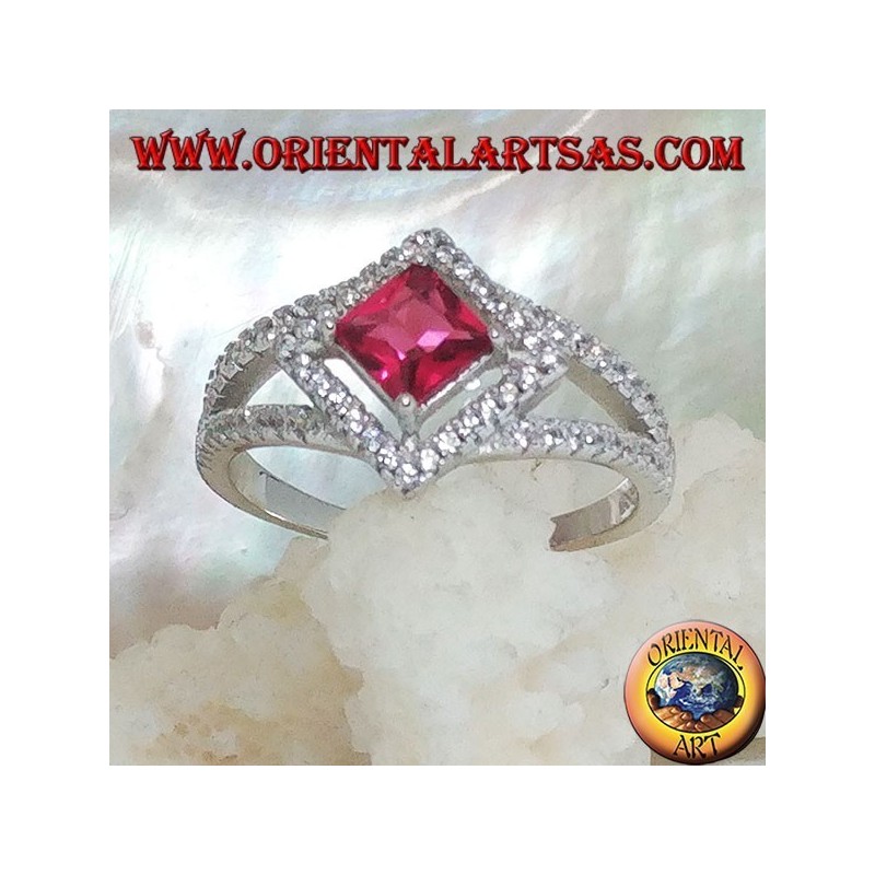 Silver ring with square synthetic ruby set on a rhombus setting with zircons