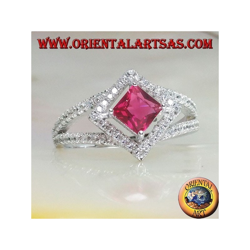 Silver ring with square synthetic ruby set on a rhombus setting with zircons