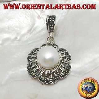 Openwork silver pendant with marcasite on the petals and giant freshwater pearl in the center