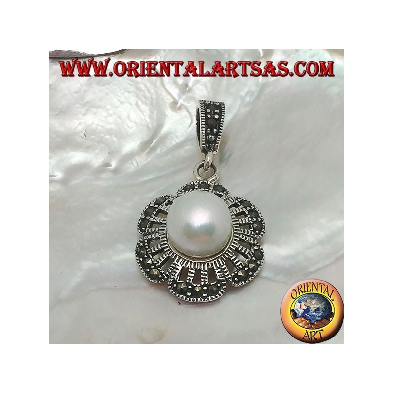 Openwork silver pendant with marcasite on the petals and giant freshwater pearl in the center
