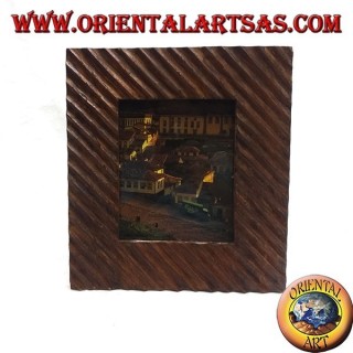 Marco de fotos con líneas oblicuas grabadas en madera de pino 30 x 26 cm.