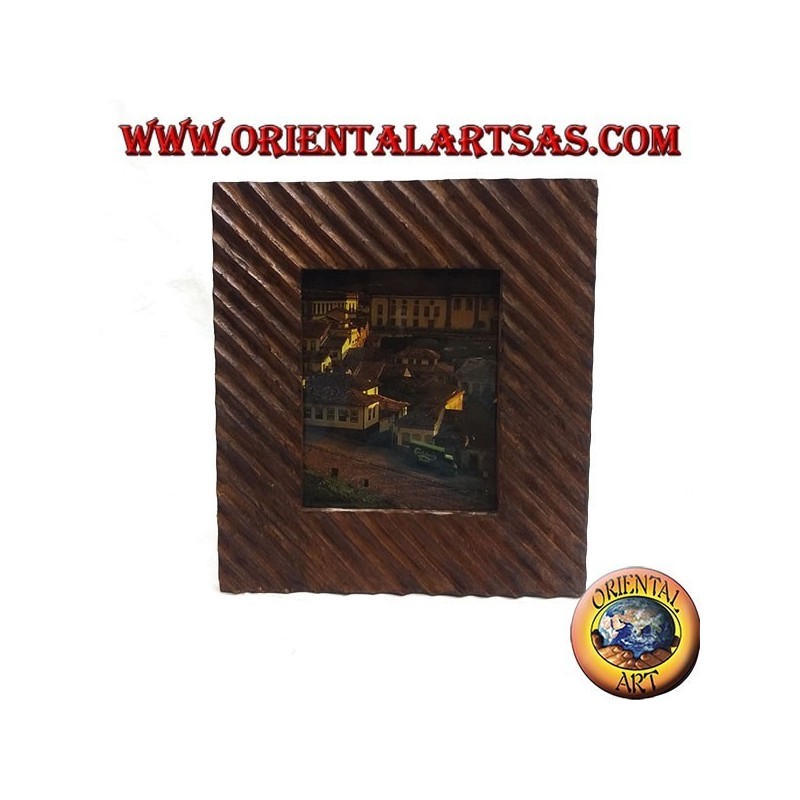 Photo frame with oblique lines engraved in pine wood 30 x 26 cm