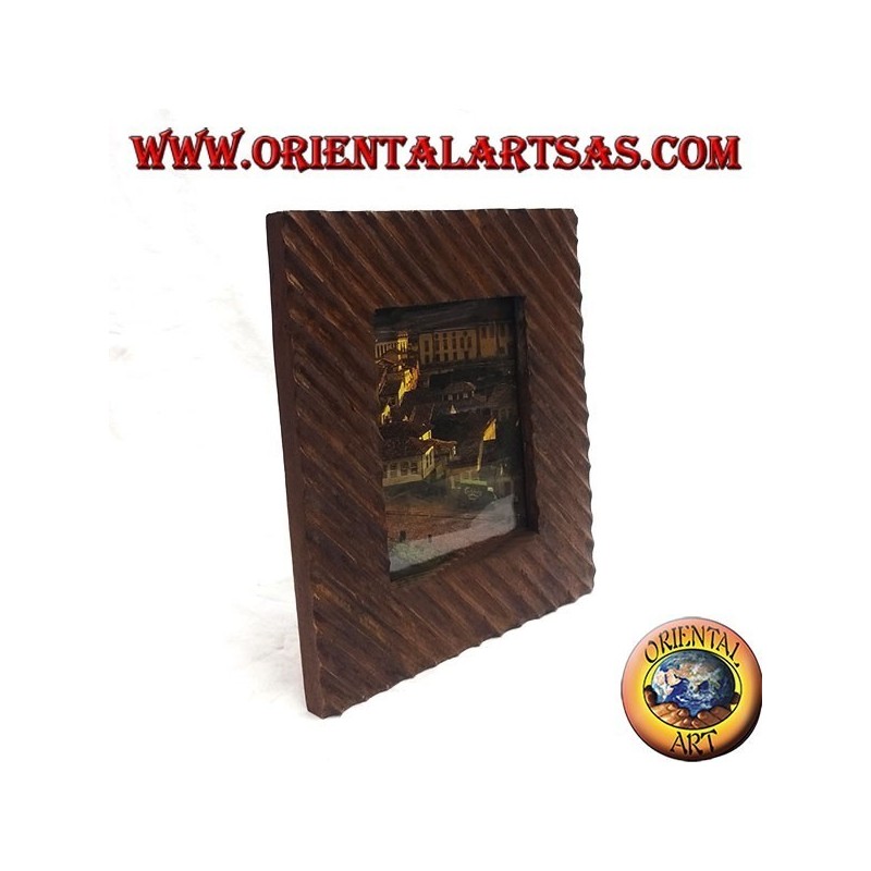 Photo frame with oblique lines engraved in pine wood 30 x 26 cm